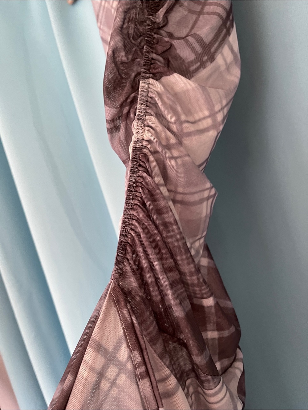 Plaid Mesh Assymetrical Midi Dress with Ruching - Women's Large - Picture 2 of 4